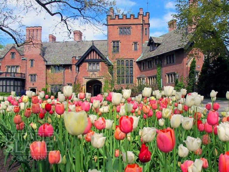 stan hywet manor house with tulips in the foreground