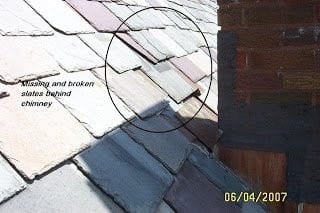 missing or broken slates causing a leaking chimney