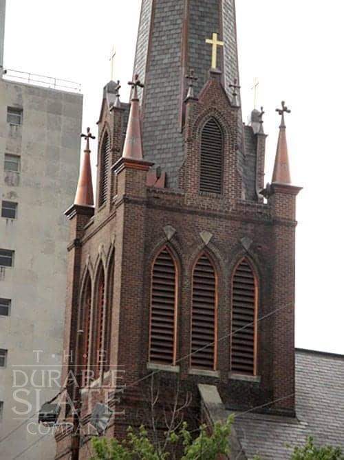 restored the steeple roof and installed Vermont Mottled Green