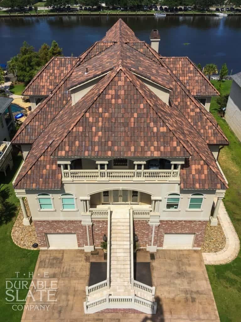 clay roofing tiles as seen from drone above