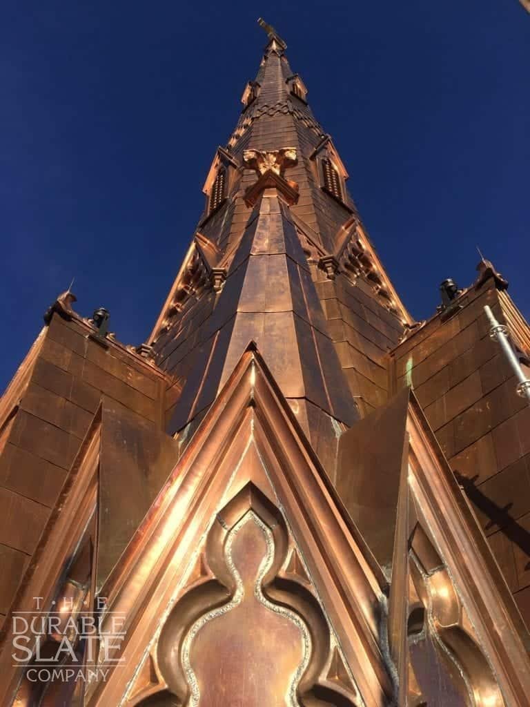 Steeple Square, Dubuque, IA copper spire as seen from below
