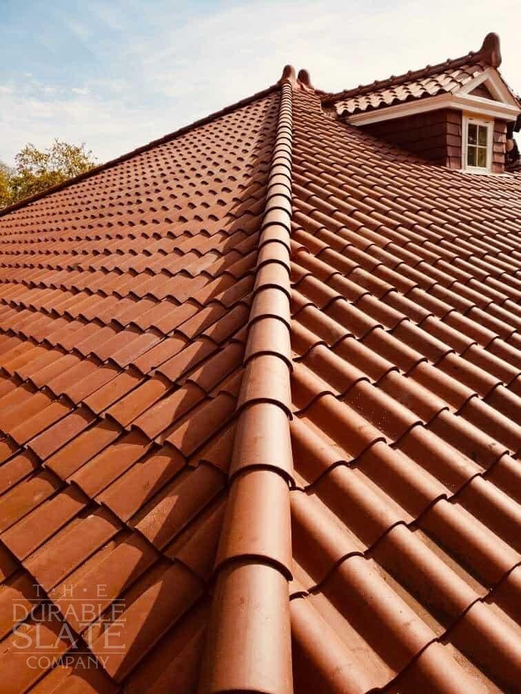 close-up of red spanish tile and dormer in south carolina