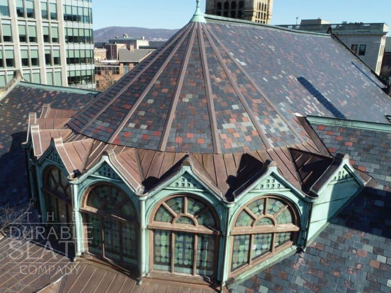 Elm Park UMC, Scranton, PA stained glass windows, copper roofing, and slate roof
