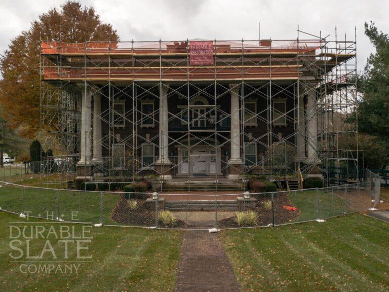 clay-tile roof repair underway for the stifel fine arts center in wheeling west virginia