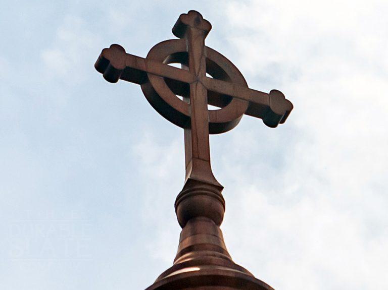 close up of trinity episcopal church cross, resently restored by the durable slate company
