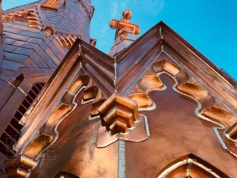 close up of custom copper work in steeple square